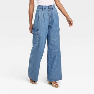 Women's Wide Leg Denim Cargo Trousers - Universal Thread Medium Wash 12